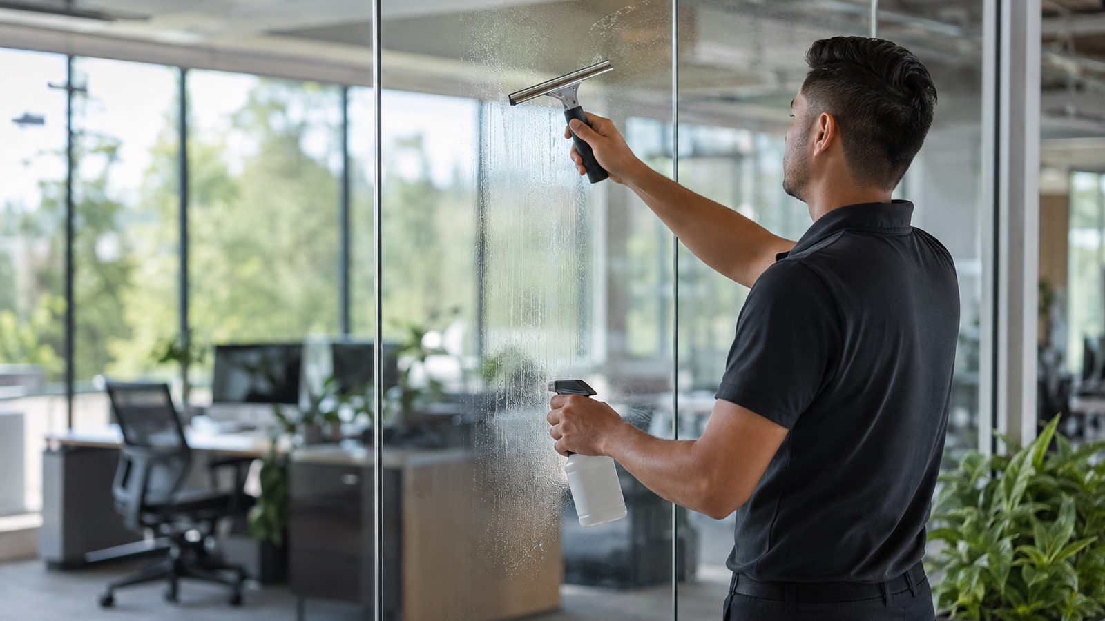 Commercial cleaning professional cleaning interior glass in a Boise office